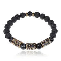 Рунический браслет Богатство на всех уровнях бытия, лава + черный агат BSRL2-025