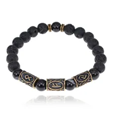Рунический браслет Преумножение собственности, лава + черный агат BSRL2-040