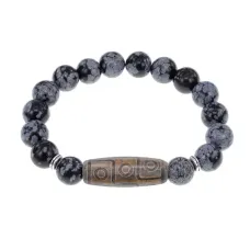 Браслет с 9-глазой бусиной Дзи и нат.камнем Снежный обсидиан BSDS-23-14