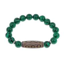 Браслет с 6-глазой бусиной Дзи и синтетическим камнем Малахит BSDS-24-12