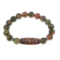 Браслет с 9-глазой бусиной Дзи и нат.камнем Унакит BSDS-28-20
