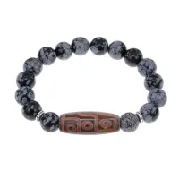 Браслет с 9-глазой бусиной Дзи и нат.камнем Снежный обсидиан BSDS-29-14