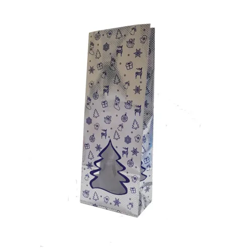 Пакет для чая с окошками елками Новогодний 100х60х260 мм серебро/синий (укаковка 10 шт)