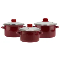 Набор эмалированной посуды 3 предмета Вишневый сорбет стеклянная крышка цилиндрические - Эмаль