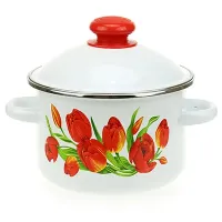 Кастрюля эмалированная цилиндрическая с рисунком и металлическим ободом Тюльпаны - Сибирские Товары 2 л